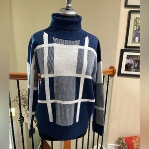 Annabelle Navy and White TURTLE NECK, Knit SWEATER, ACADEMIA, women size S/M